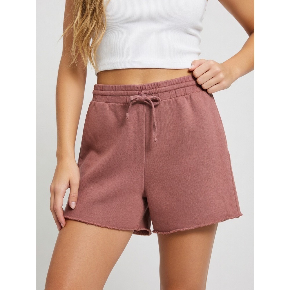 LNA Women Small Mauve Pink Cotton French Terry Raw Hem Drawstring Sweat Shorts